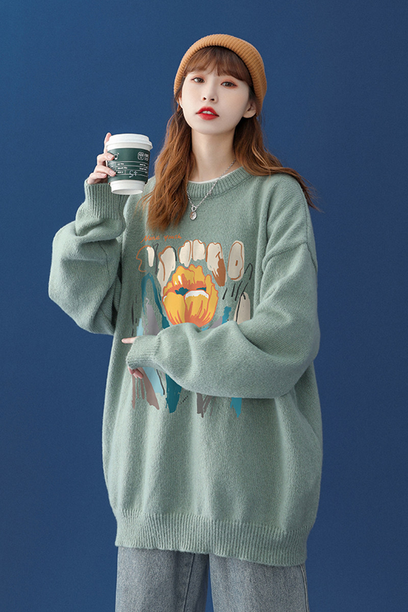中性秋冬新款韩版宽松圆领花卉图毛衣男女针织衫M6813P55控68,男装针织衫/毛衣,电商A268