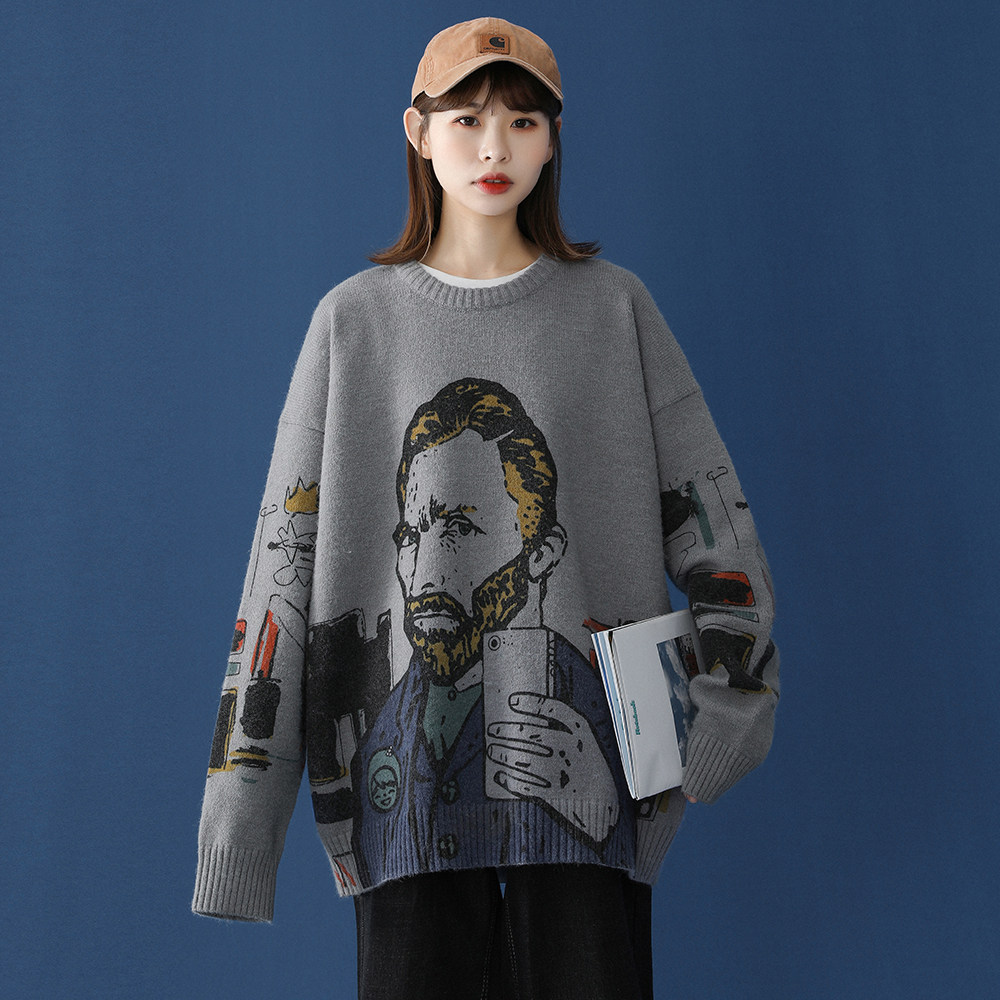中性 秋冬宽松圆领涂鸦毛衣男女针织衫新 M1028 P70控88图片