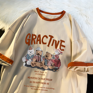 暖光平铺  夏季新款宽松圆领短袖拼色卡通印花情侣 T6252 P35控48图片