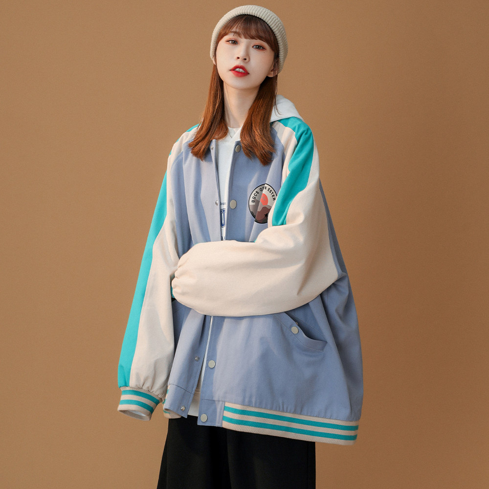 中性  秋季港风日系撞色宽松棒球服女夹克男 G6450 P65控78图片
