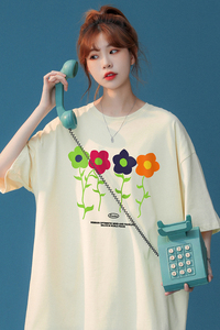 中性  夏季新款宽松圆领纯棉短袖小花朵印花情侣 T6028 P25控38图片