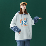 中性秋季潮流撞色宽松假两件连帽卫衣女新W6704P55控68，女装卫衣/绒衫，电商A268