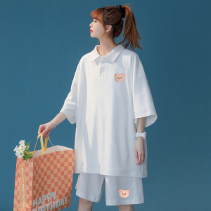 中性风 港风简约卡通印花polo运动华夫格套装男女 TZ6730 P75控98,男装休闲套装,电商A268