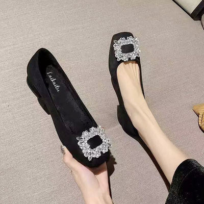 单鞋女浅口百搭黑色低跟工作鞋