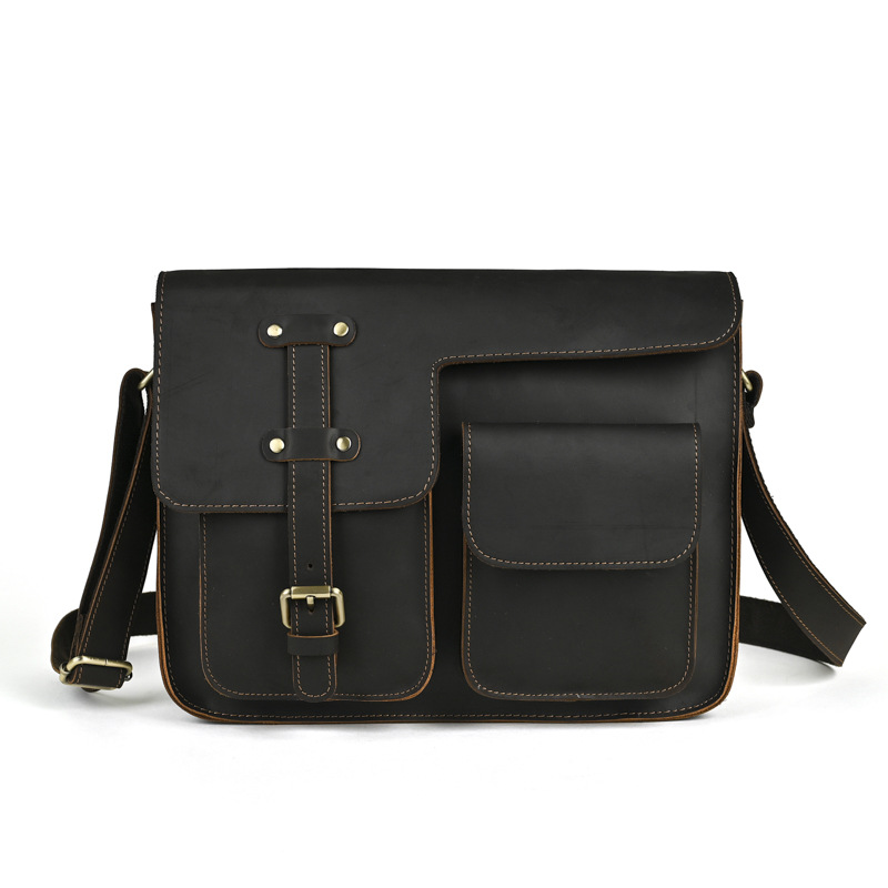 头层牛皮单肩包真皮高级感斜挎男皮包疯马皮个性邮差背包跨境货源