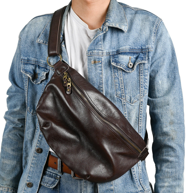 古潮客复古树膏皮男士胸包 真皮IPAD单肩包 斜挎包机车背包后挂包
