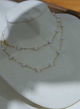 losu流素.925银满天星3-4mm正圆天然珍珠项链