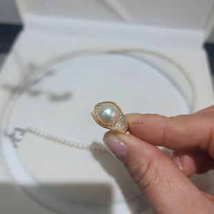 流素losu 海水羽皇金纯银镶锆正圆强光精致淡金色开口戒指