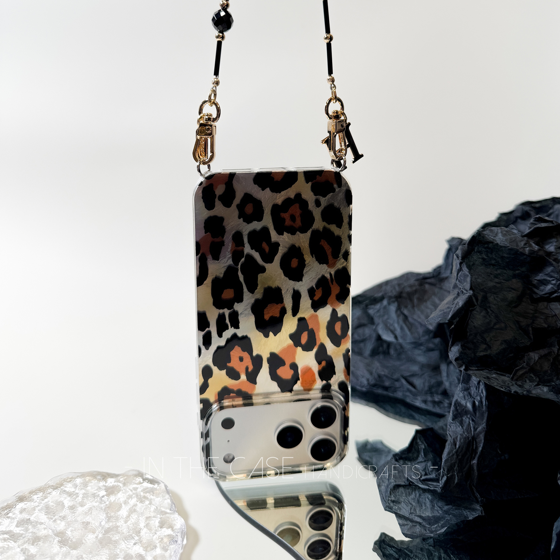 豹纹羽纱纹路质感黑管链条手机壳