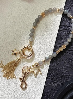 InTheCase知性温柔天然月光石14k金玫瑰流苏防摔手机链通用款挂绳