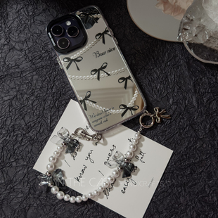 InTheCase 甜酷少女iphone16ProMax暗黑朋克辣妹Y2K黑白渐变蝴蝶结珍珠防摔链条全包镜面手机壳适用于苹果