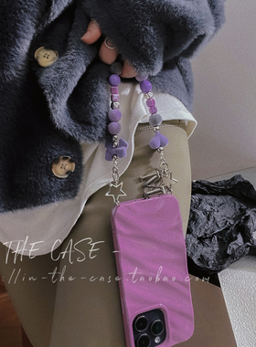 InTheCase秋冬可爱毛绒17Pro大龄儿童爱心紫色童趣大珠链学生防摔手机绳防丢失挂链全包手机壳软壳适用苹果