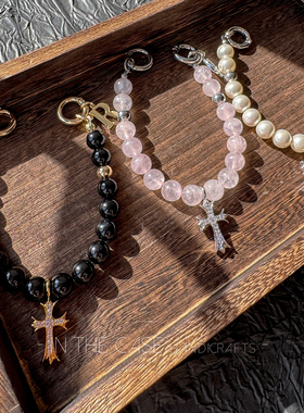 InTheCase高级感复古潮搭玛瑙水晶珍珠十字架手机链男女通用挂绳