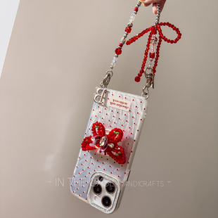 InTheCase夏日少女度假风iphone15ProMax灵动串珠蝴蝶节氛围感丝绒ins红色波点手腕挂链羽纱手机壳适用于苹果