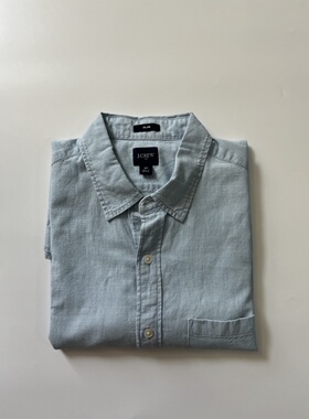 现货J.CREW男纯棉蓝色水洗修身短袖衬衫#L0500