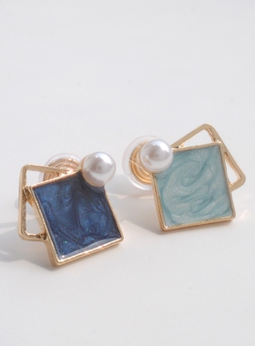 蓝色海洋撞色设计几何手绘彩釉蚊香盘耳夹女无耳洞气质莫兰迪耳饰