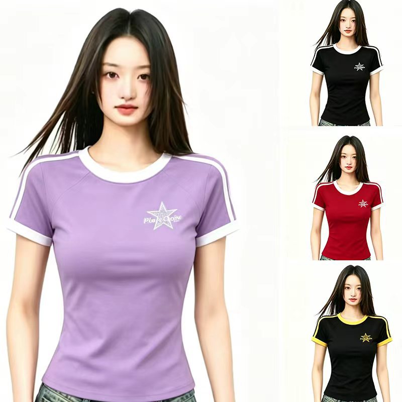 新款广场舞服装短袖上衣女士运动健身休闲衣刺绣五星舞蹈服螺纹棉