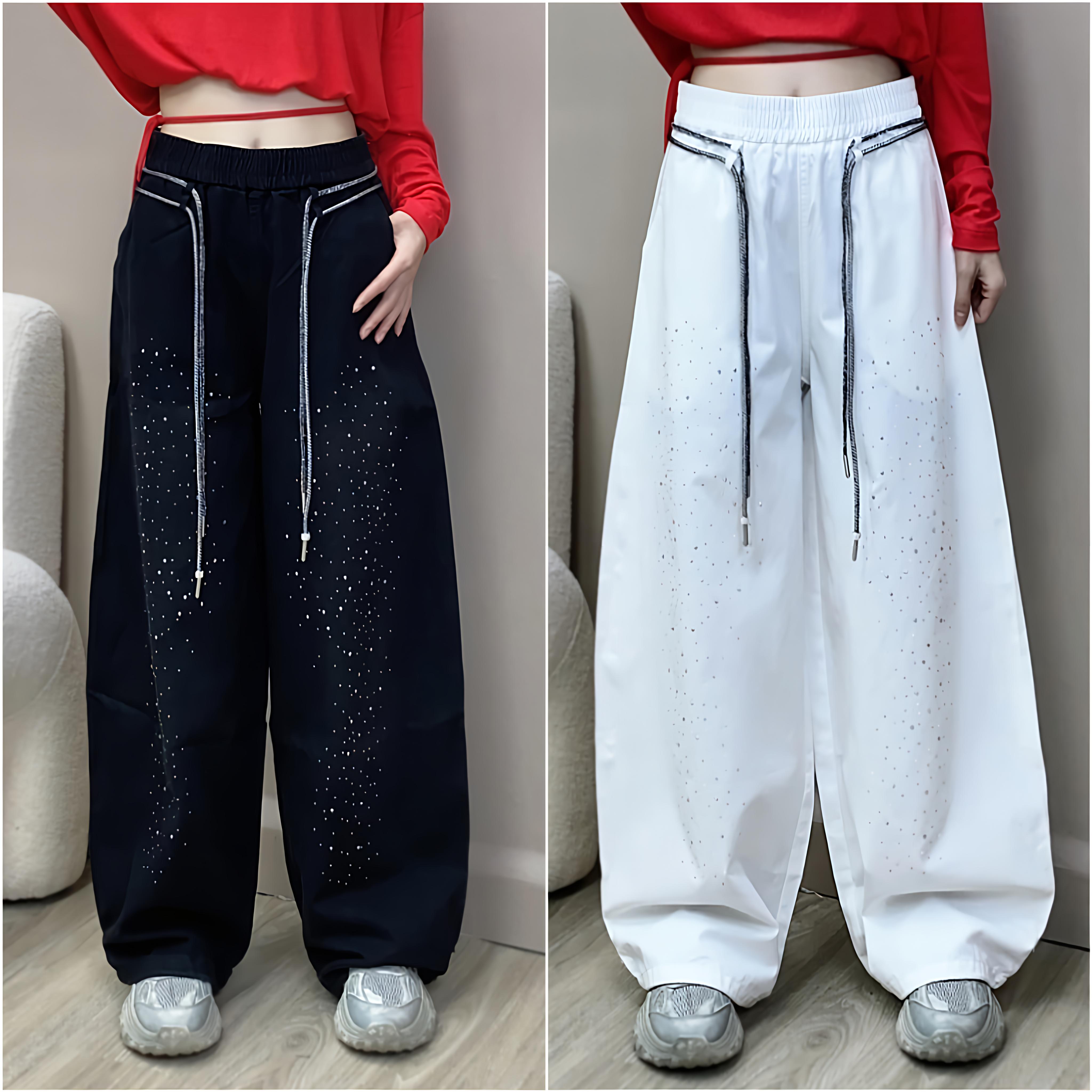 2025新款女裤黑色烫钻阔腿裤宽松休闲运动卫裤街舞曳步舞舞蹈裤女