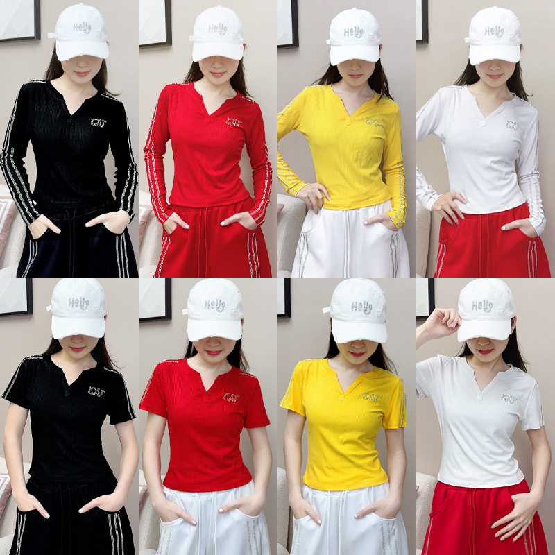 2026夏季新款纤伽高品质闪钻V领竖条烫钻辣妹百搭显瘦广场舞上衣