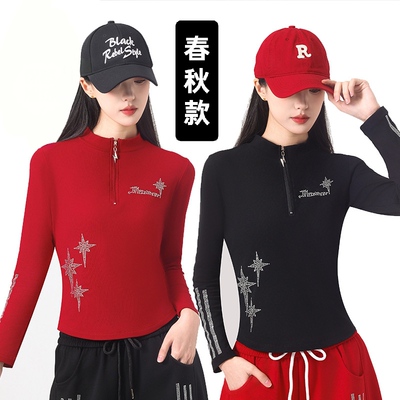 2026春季新款广场舞服装女士长袖上衣拉链薄绒运动舞蹈服休闲烫钻
