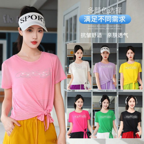 夏季广场舞服装新款软纱短袖上衣系带烫钻透气健身户外运动服跳操