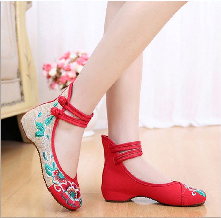 新款芙蓉花 亚麻牛筋底内增高老北京布鞋 民族风舞蹈女单绣花鞋