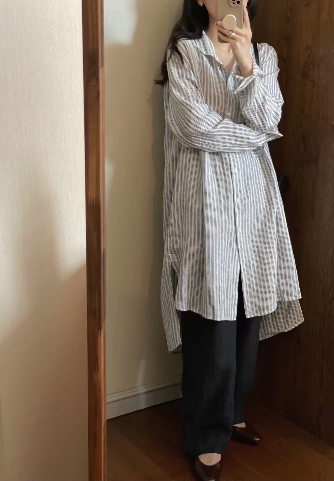 armoirelin大林/竖条纹棉麻衬衣裙长袖翻领宽松日系森系连衣裙女
