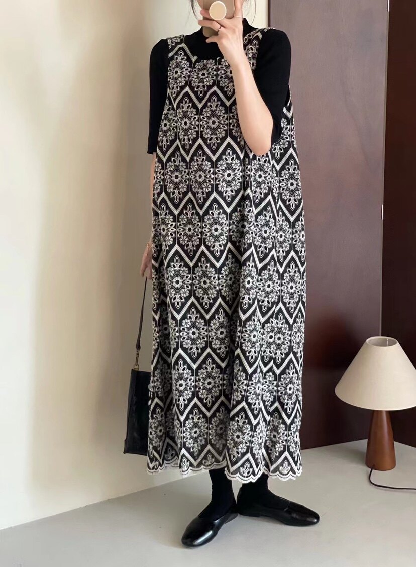 armoirelin大林/重工刺绣无袖宽松背心裙波纹蕾丝连衣裙中长款女