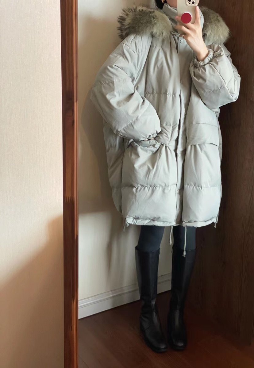armoirelin大林/毛领中长款羽绒服淡绿色连帽毛毛加厚外套宽松女