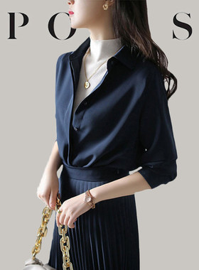 正品2026秋冬季大牌法式高端衬衫裙设计感职场通勤翻领百褶连衣裙