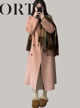 大牌正品粉色双面羊毛大衣2026秋冬季小个子高级感超好看毛呢外套