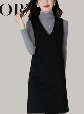 正品秋冬女毛呢马甲背心裙显瘦中长款无袖V领连衣裙修身百搭休闲