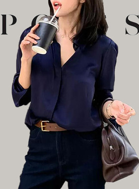 大牌2026春秋港风垂感缎面醋纤高端轻奢丝光衬衫polo长袖亮丝上衣
