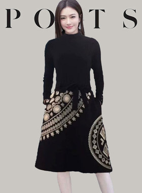 正品2026秋冬季重工刺绣黑色显瘦打底裙内搭高级感羊毛针织连衣裙