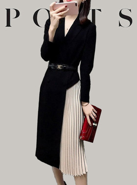 2026春秋季百褶裙淑女装气质修身A字裙长袖中长款打底连衣裙