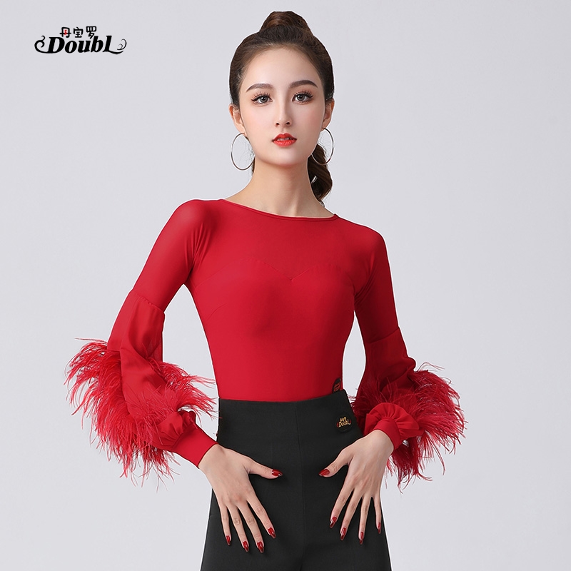 丹宝罗摩登舞上衣女新款鸵鸟毛连体衣彩蓝交谊舞练功服华尔兹舞衣