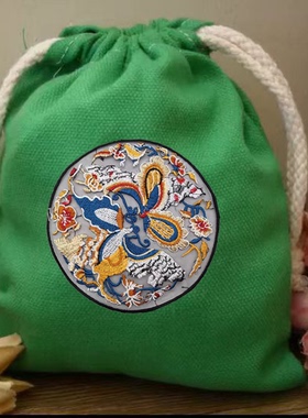 传统立体刺绣蝴蝶复古图案袋绿色棉帆布礼品包装袋收纳整理袋