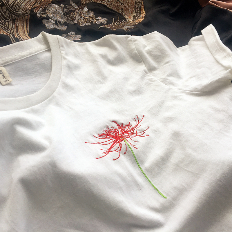 鹿见原创 夏季t恤古风刺绣短袖半袖情侣彼岸花 曼珠沙华 曼陀罗花