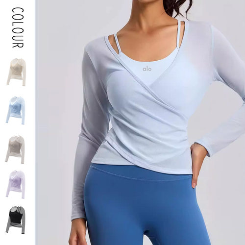 ALOUSAYOGA带胸垫网纱长袖假两件吊带瑜伽服透气显瘦罩衫运动上衣