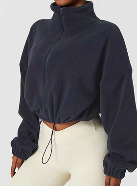 ALO户外羊羔绒运动健身女秋冬短款立领宽松加绒保暖休闲瑜伽外套