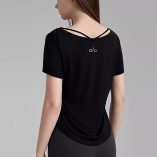 ALO高级感瑜伽短袖T恤女夏假两件V领性感美背宽松透气健身服罩衫