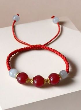 定制刻字红玛瑙猫眼石编织手链情侣黑红绳小众复古手工手绳学生