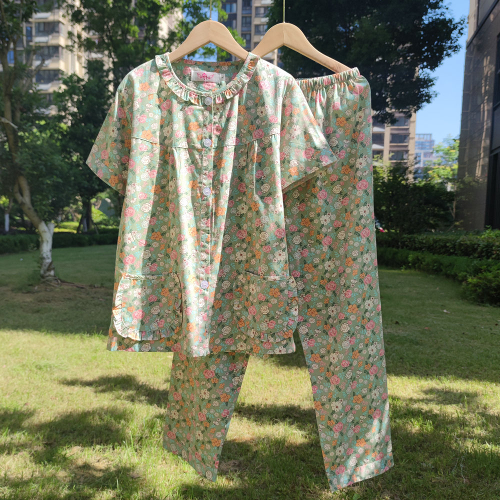 女士100%纯棉梭织斜纹棉布睡衣套装优雅小玫瑰大码妈妈短袖家居服