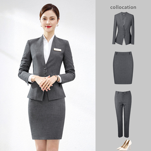 职业装女士春季套装灰色女西装酒店珠宝店售楼部销售经理工作服