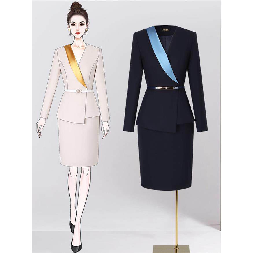 时尚修身女西装套装女长袖春秋装收腰礼仪会务接待前台工作服气质