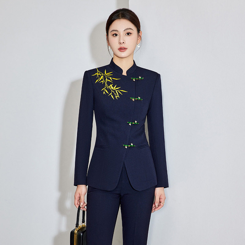 新中式刺绣藏青西装套装女工作服图片