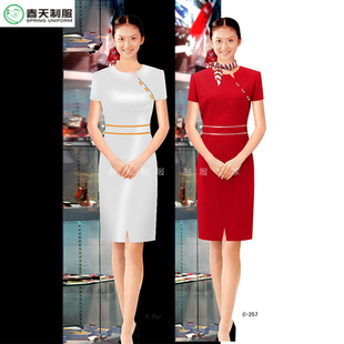 定做酒店前台女夏装短袖连衣裙红色物业学校学生礼仪展会空姐服秋