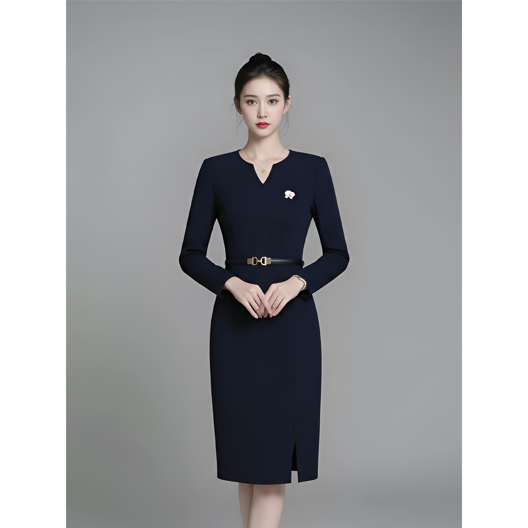 轻奢优雅风长袖V领连衣裙女深藏青色修身显瘦高级感商务职业装OL