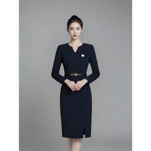 轻奢优雅风长袖V领连衣裙女深藏青色修身显瘦高级感商务职业装OL