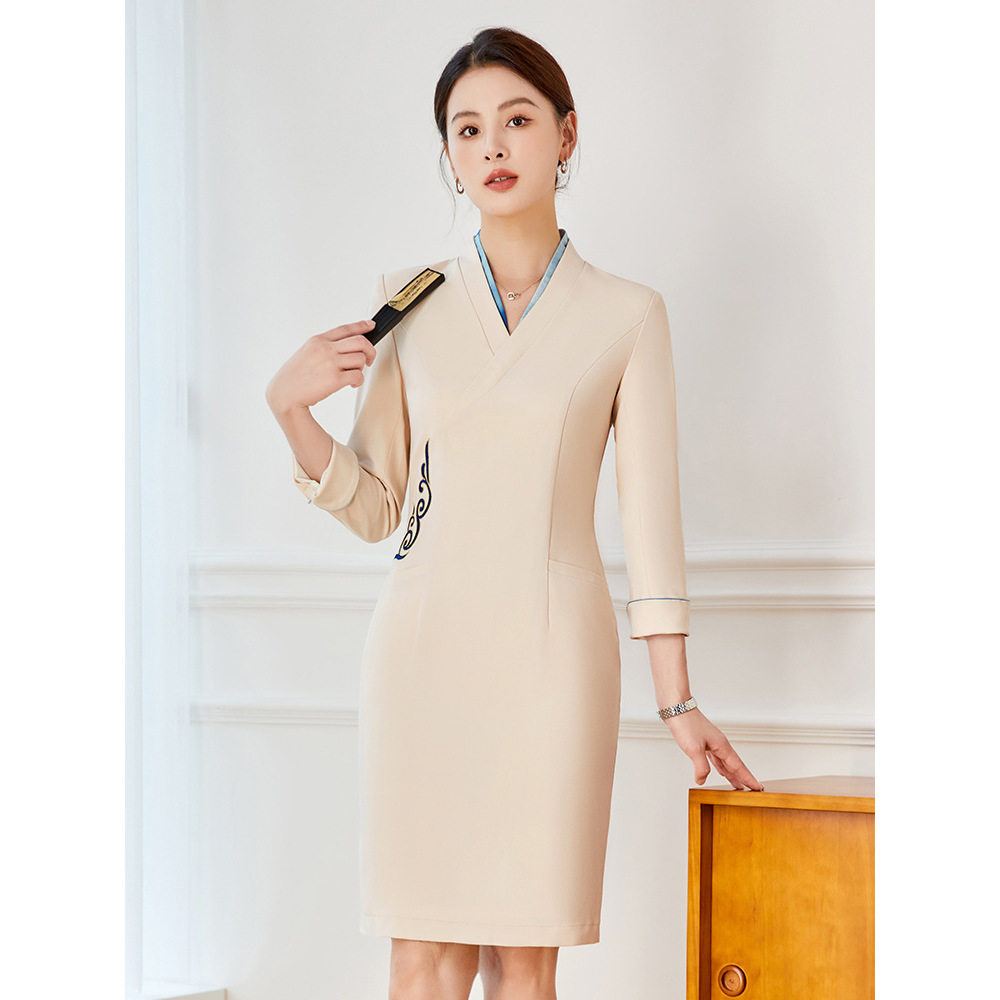 中式复古国风职业装连衣裙七分袖前台接待售楼部美容师刺绣工作服